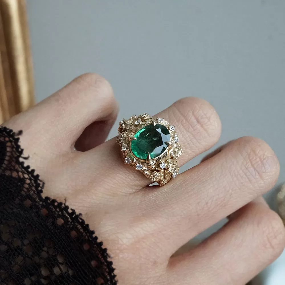 Oval Emerald Tulip Diamond Ring in 14K and 18K Gold