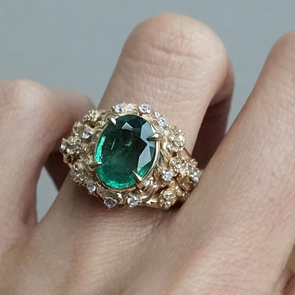 Oval Emerald Tulip Diamond Ring in 14K and 18K Gold