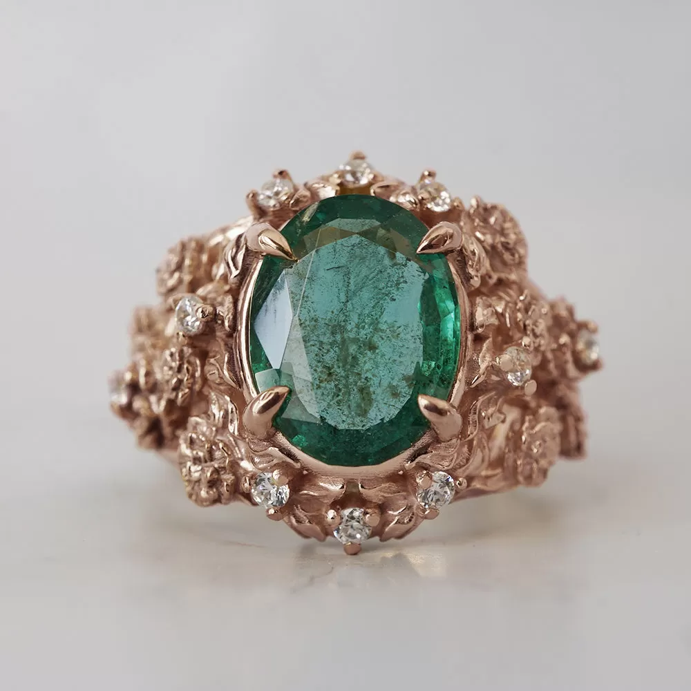 Oval Emerald Tulip Diamond Ring in 14K and 18K Gold