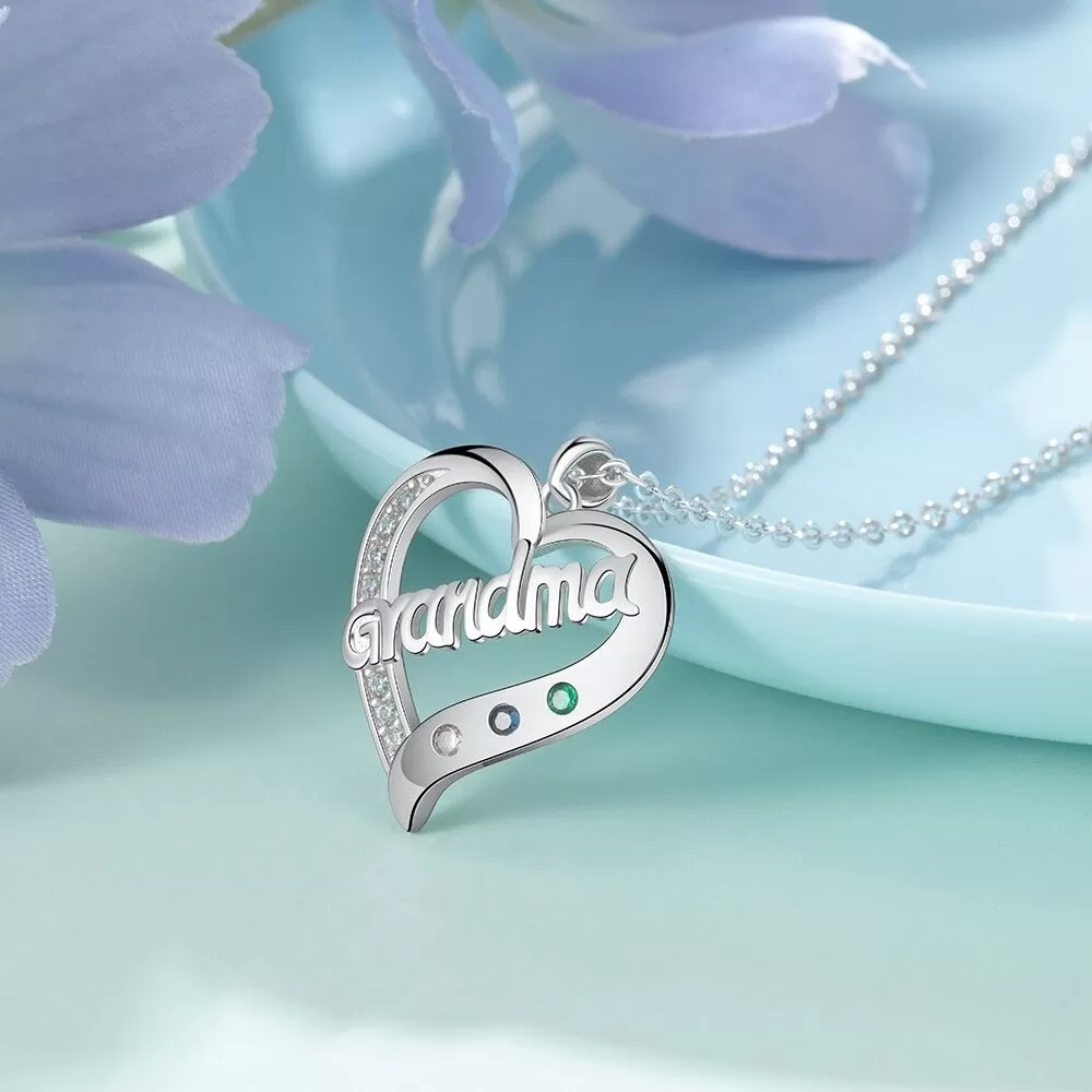 Personalized Custom 3 Stone Grandma Heart Pendant