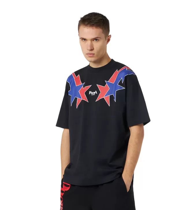 Phobia adult black short sleeve t-shirt PH00617 red and blue starry lightning print