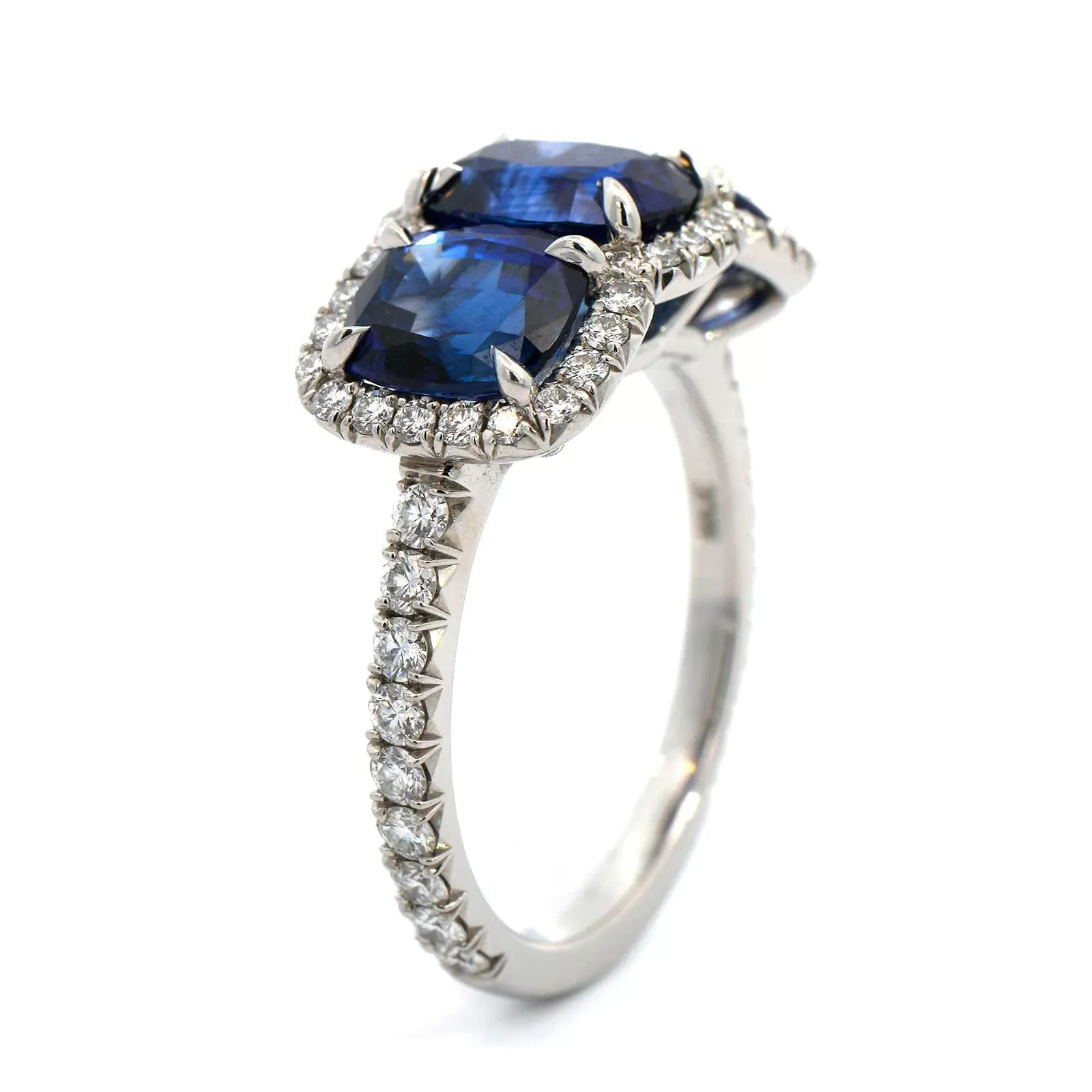 Platinum Cushion Cut Sapphire and Diamond 3 Stone Ring