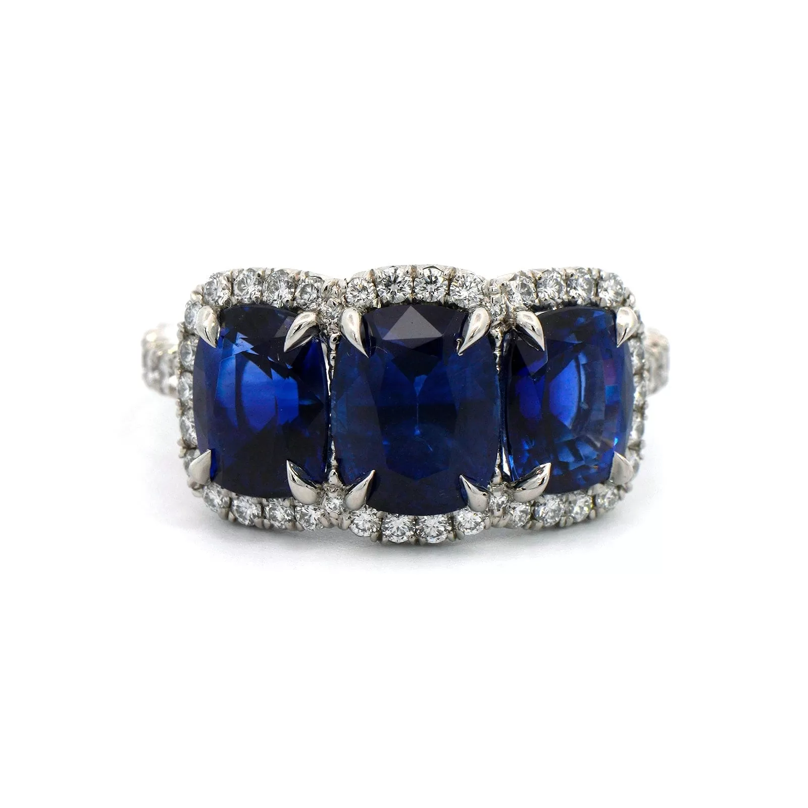 Platinum Cushion Cut Sapphire and Diamond 3 Stone Ring