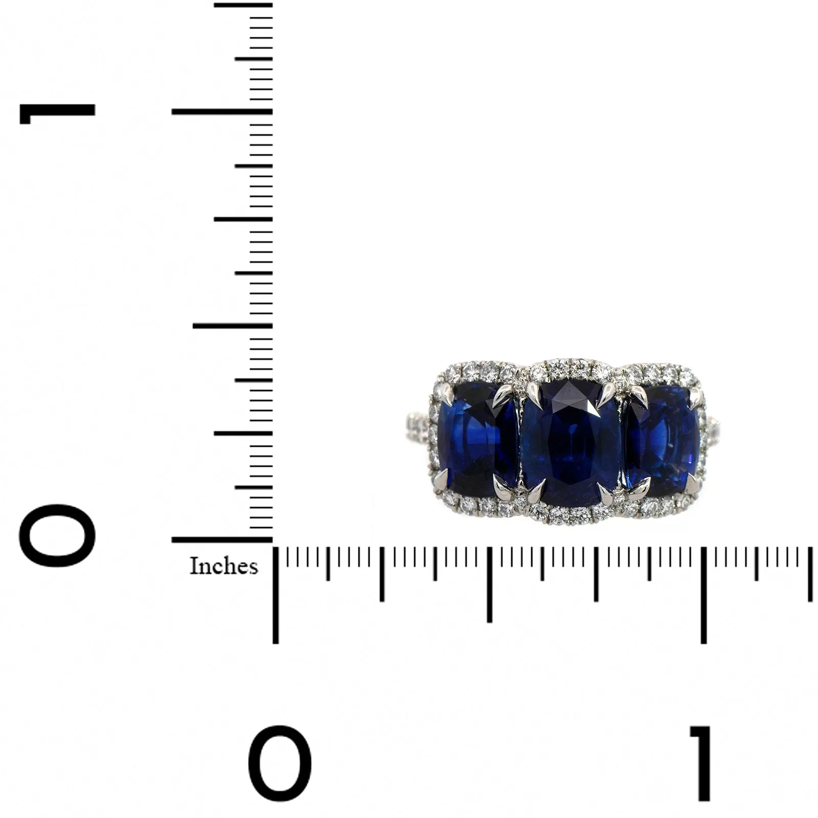 Platinum Cushion Cut Sapphire and Diamond 3 Stone Ring