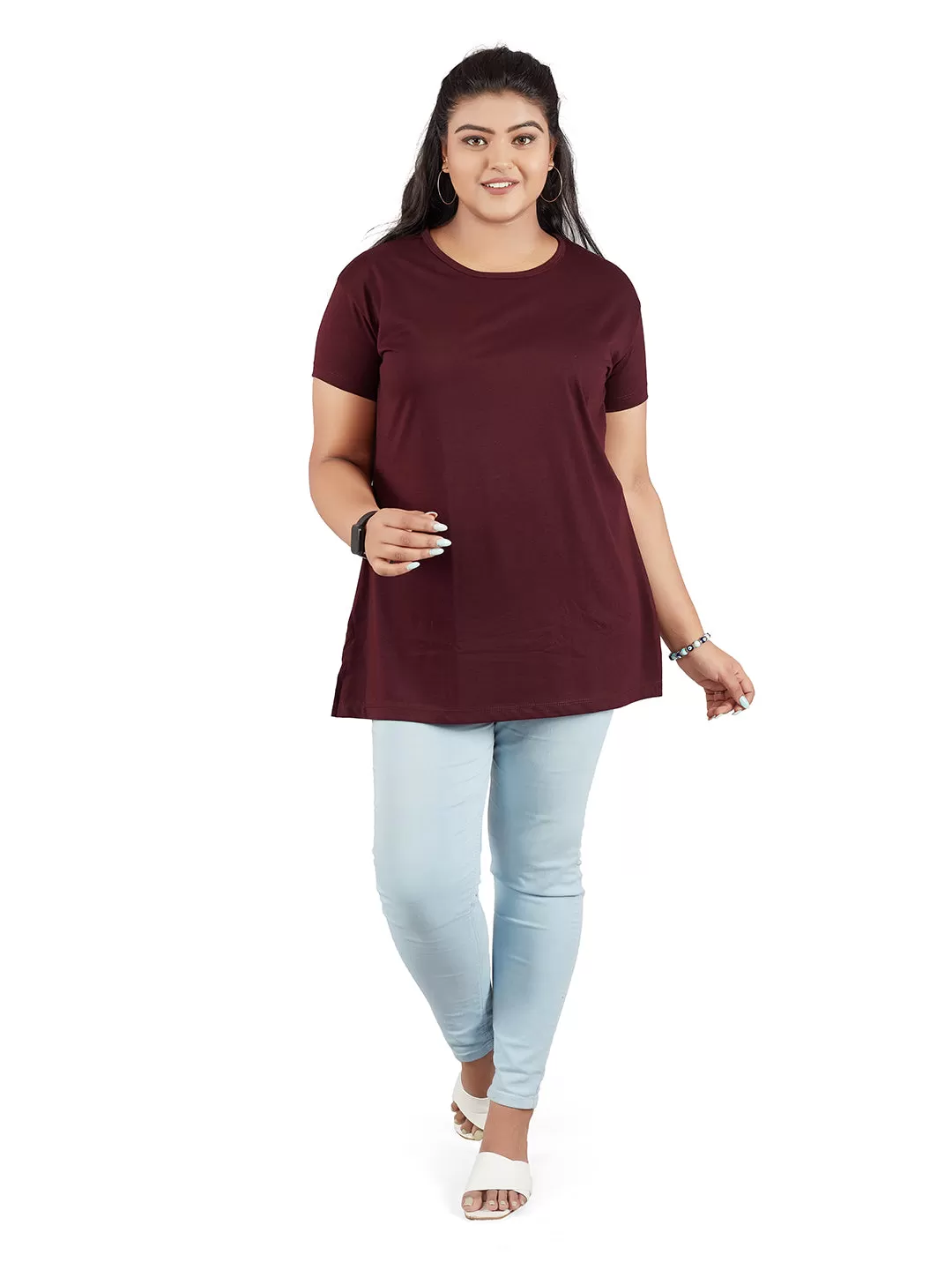 Plus Size Plain Cotton T-Shirts For Women Pack of 2 (Grey & Wine)