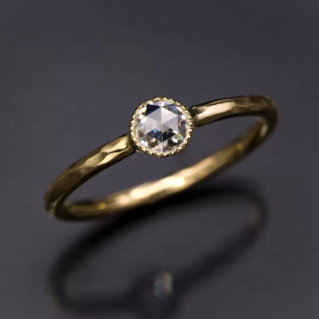 Rose Cut Diamond Milgrain Textured Bezel Hammered Engagement Promise Ring