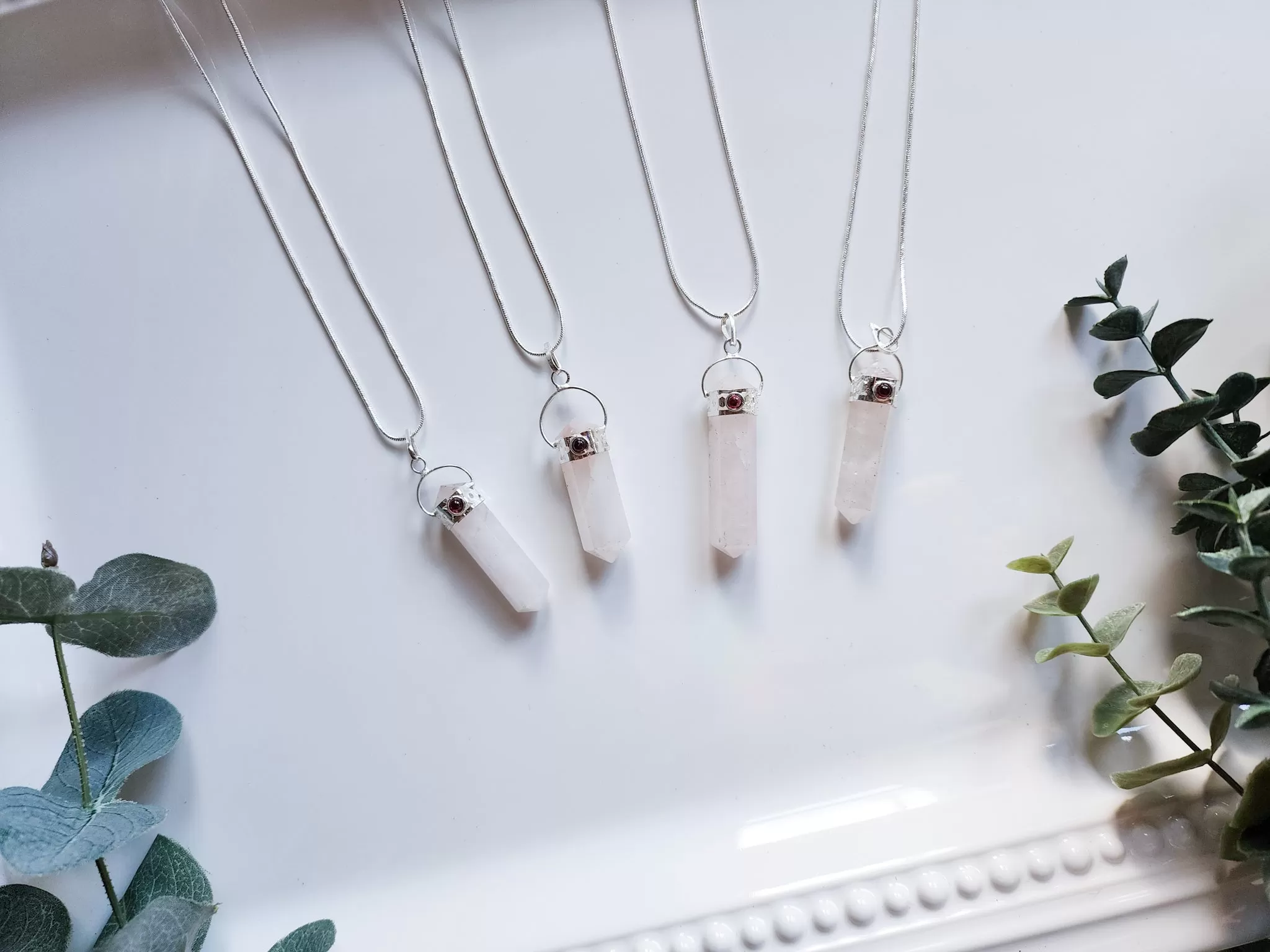 Rose Quartz Double Terminated Crystal Point Necklace || Window Cut Cap