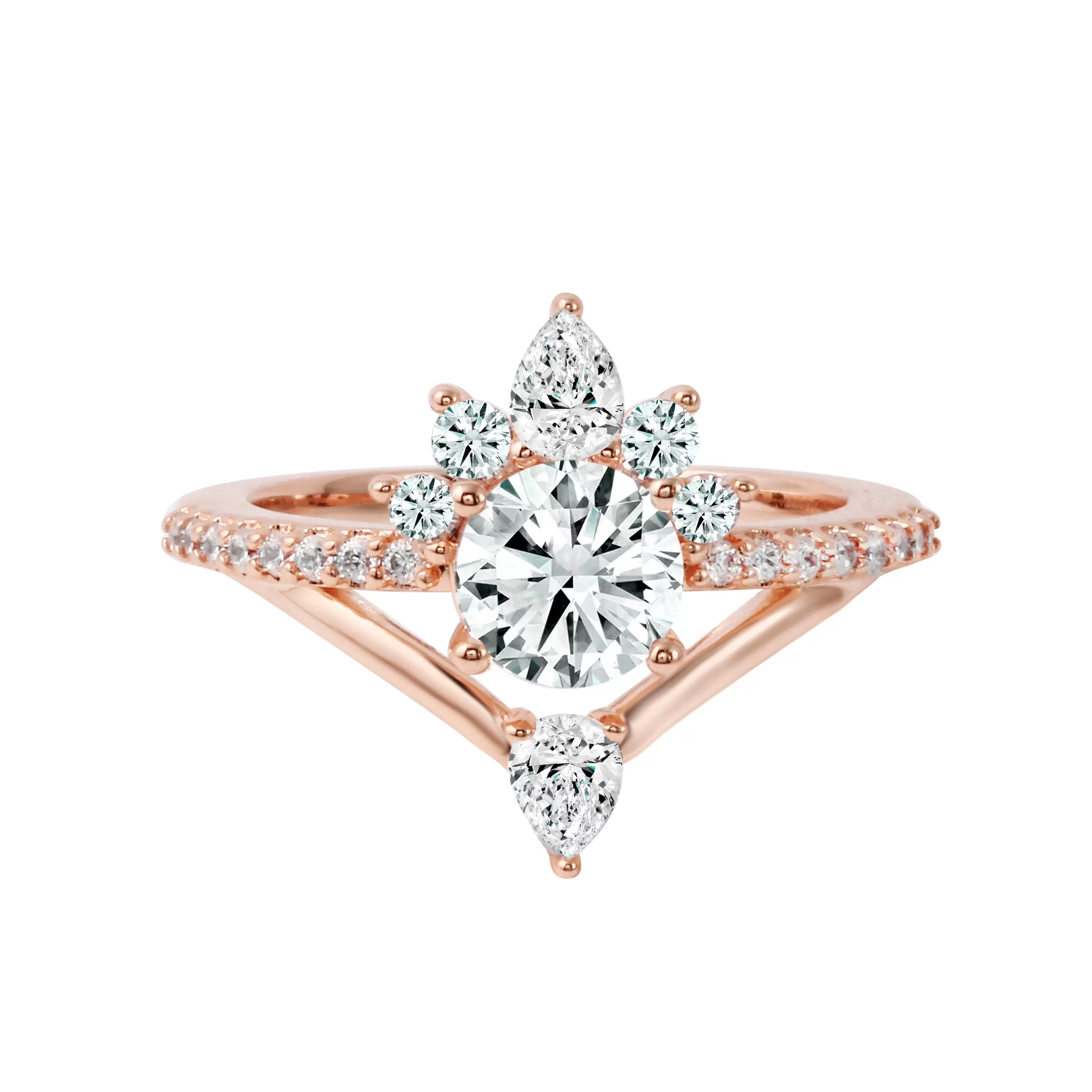 Round Diamond Starburst V-Shaped Engagement Ring