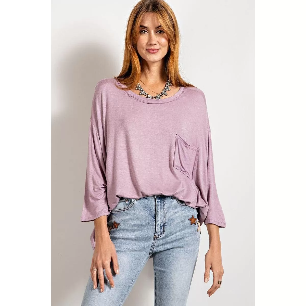 Rounded Neckline 3/4 Sleeves Washed Top