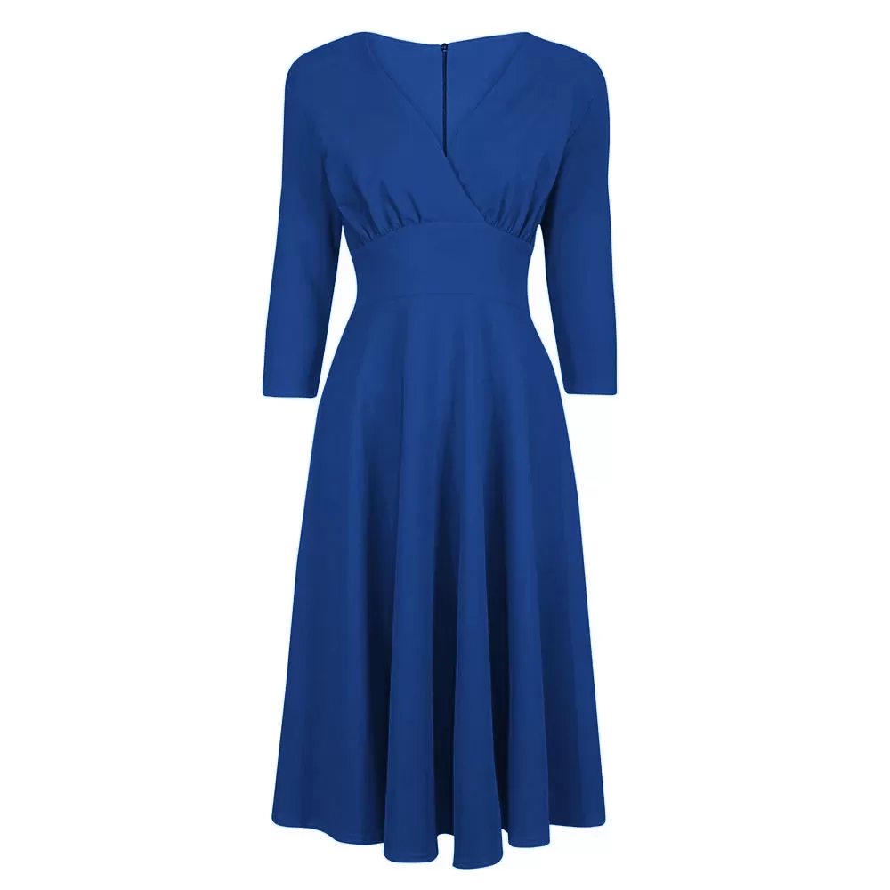 Royal Blue Vintage A Line Crossover 3/4 Sleeve Tea Swing Dress