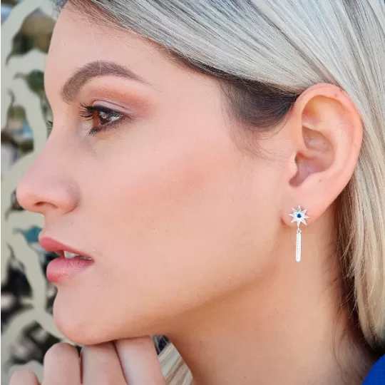 Star Shaped Earrings, White Cubic Zircons in a Navy Blue Colour