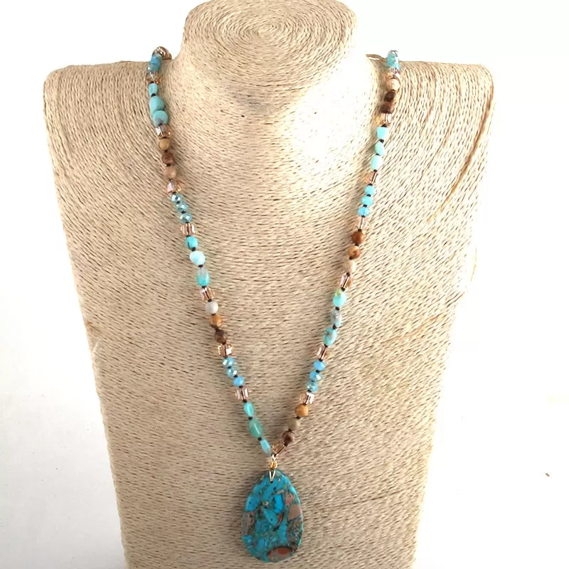 Turquoise Amazonite Natural Stone Crystals Mala Western Long Necklace