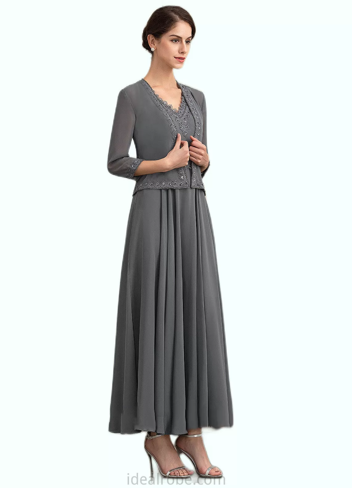 Veronica A-Line V-neck Ankle-Length Chiffon Mother of the Bride Dress With Beading Sequins STK126P0014740