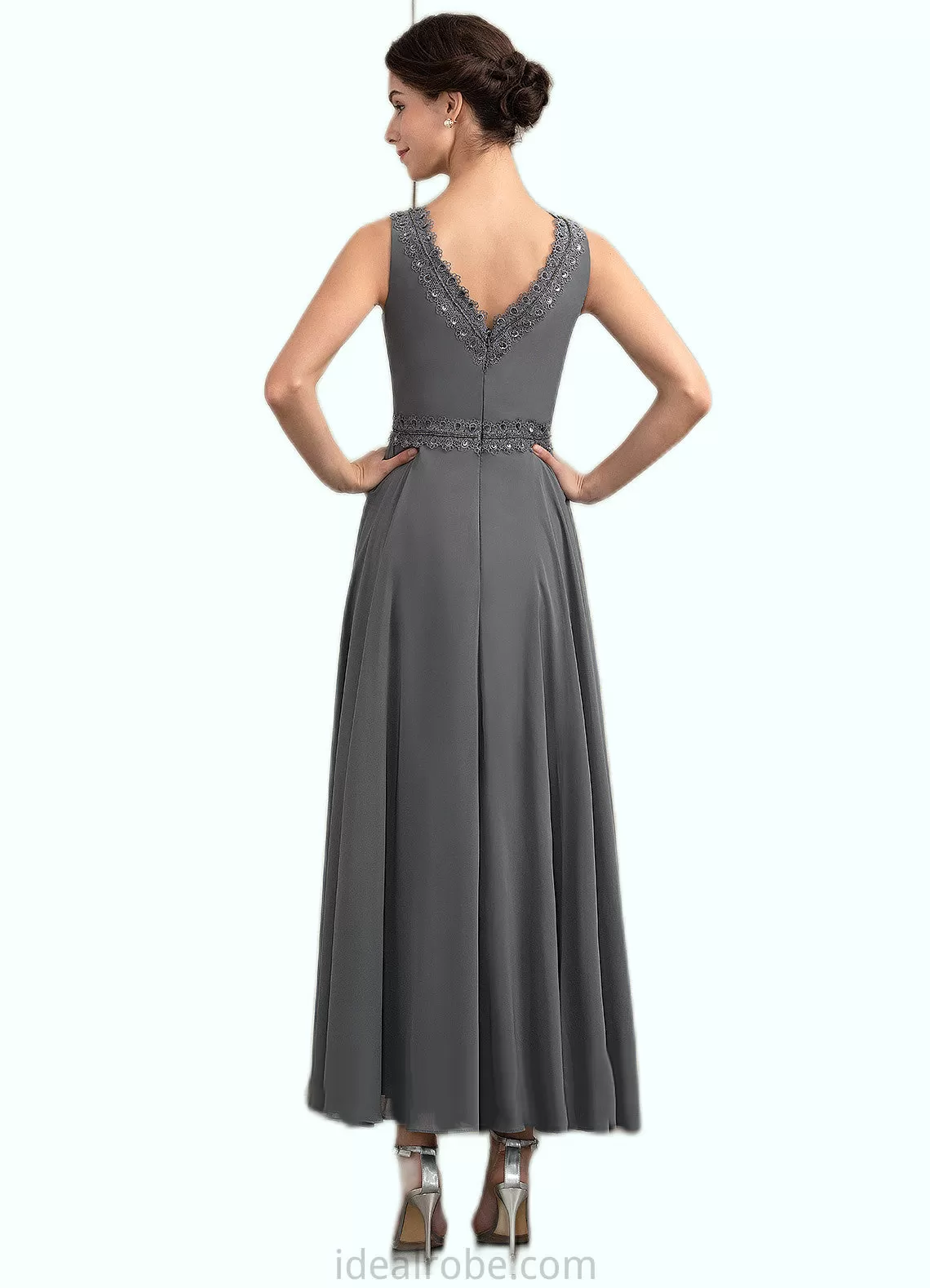 Veronica A-Line V-neck Ankle-Length Chiffon Mother of the Bride Dress With Beading Sequins STK126P0014740