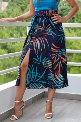 Waist Knot Dark Blue Tropical Print Midi Skirt With Slits