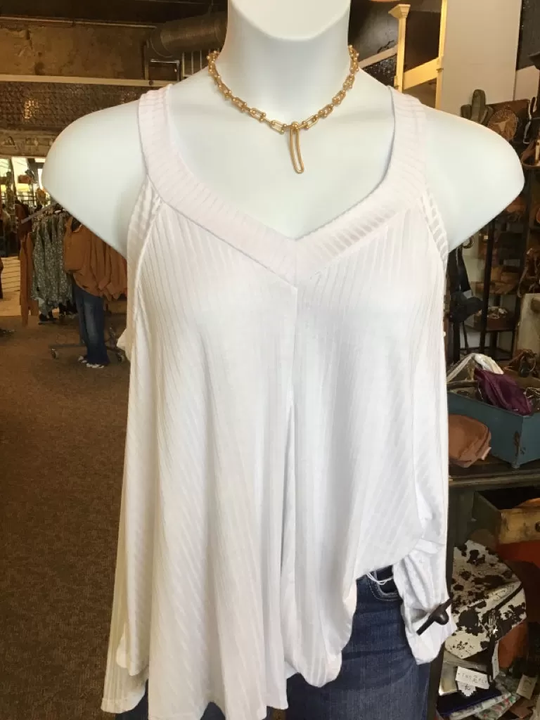 White Ribbed V Neck Flowy Tank - S/M to 3X