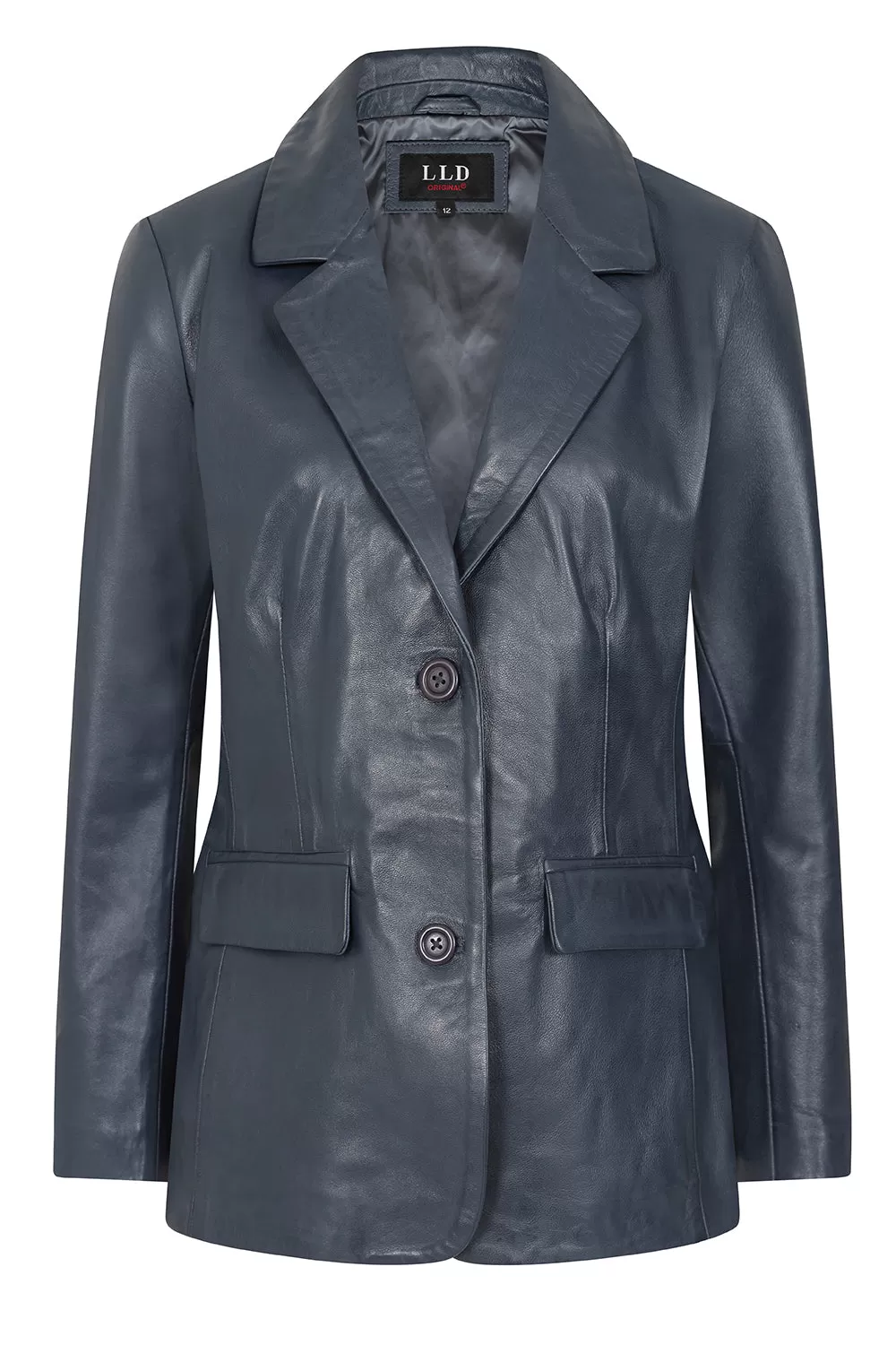 Women's Navy Blue hip length blazer Leather Jacket - KAREN