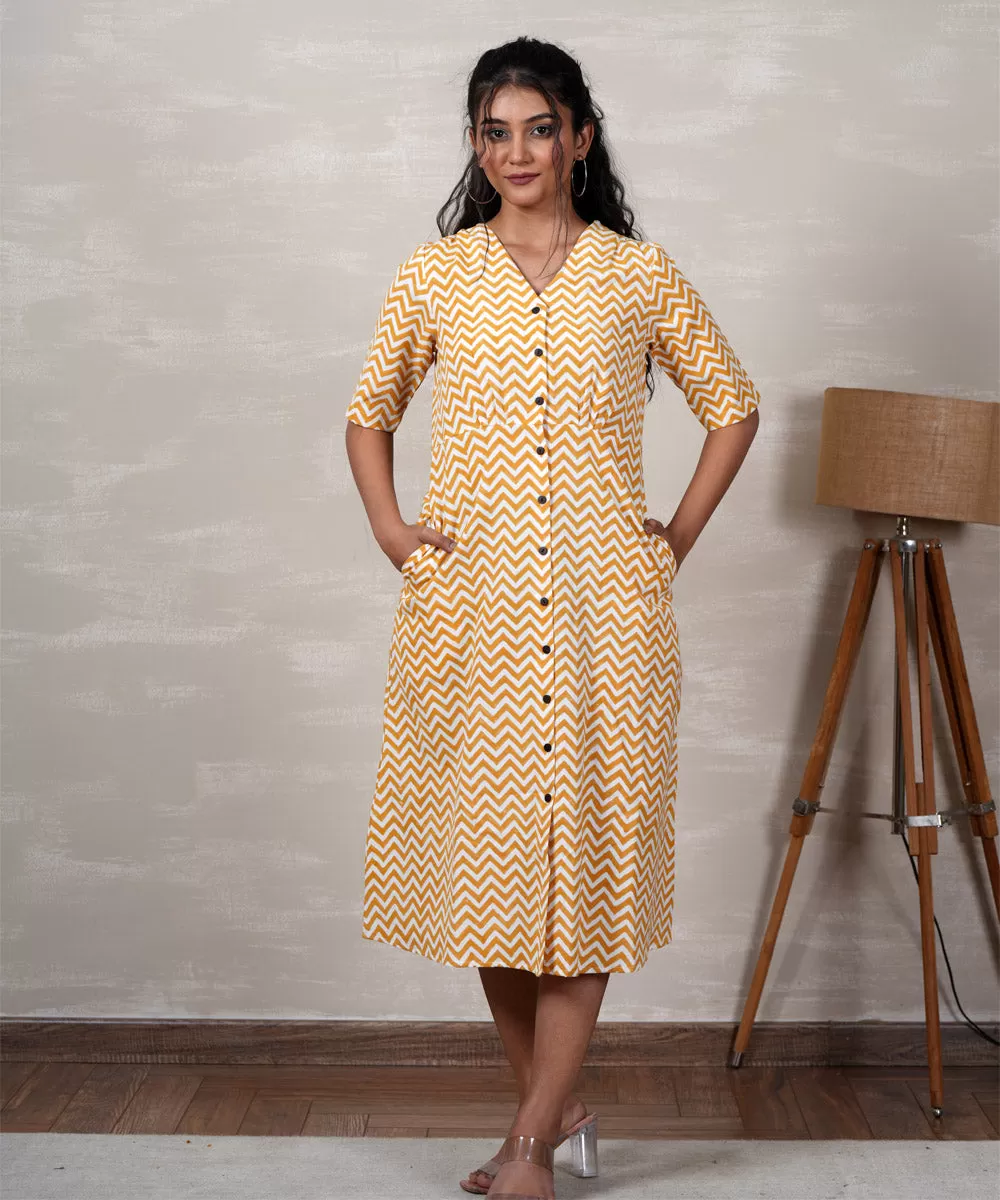 Yellow handblock printed cotton dress