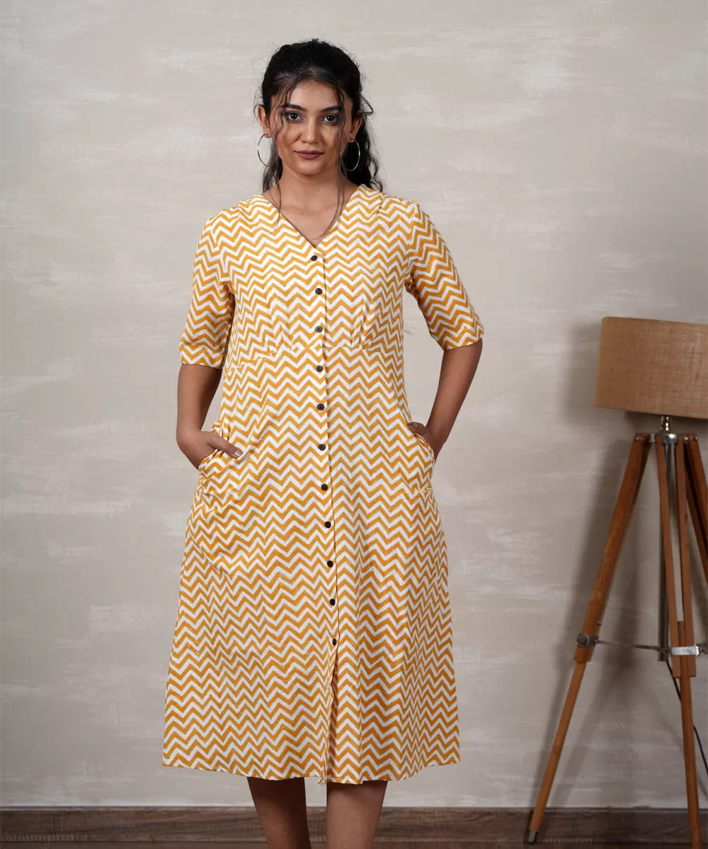 Yellow handblock printed cotton dress